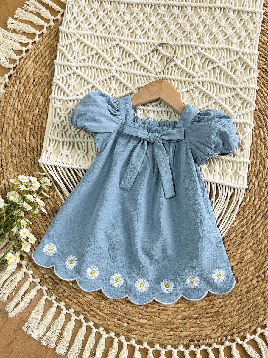 Baby Girl Plaid Bow Detail Short Sleeve Dress Cute Summer Vacation Outfit