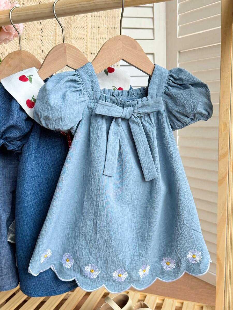 Green Plaid Short Sleeve Dress for Baby Girls - Cute Bow Accent Summer Outfit