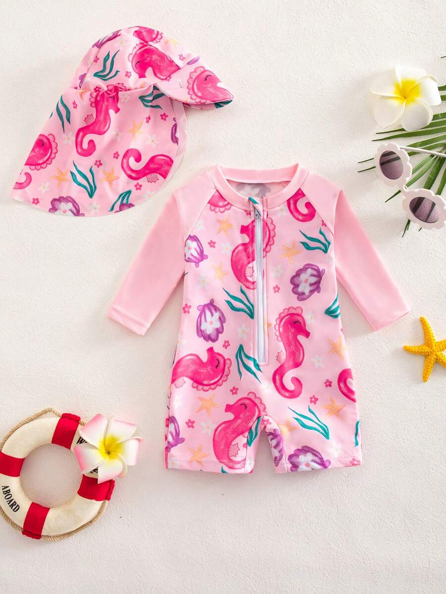 Baby Shark Print Long Sleeve One-Piece Swimsuit
