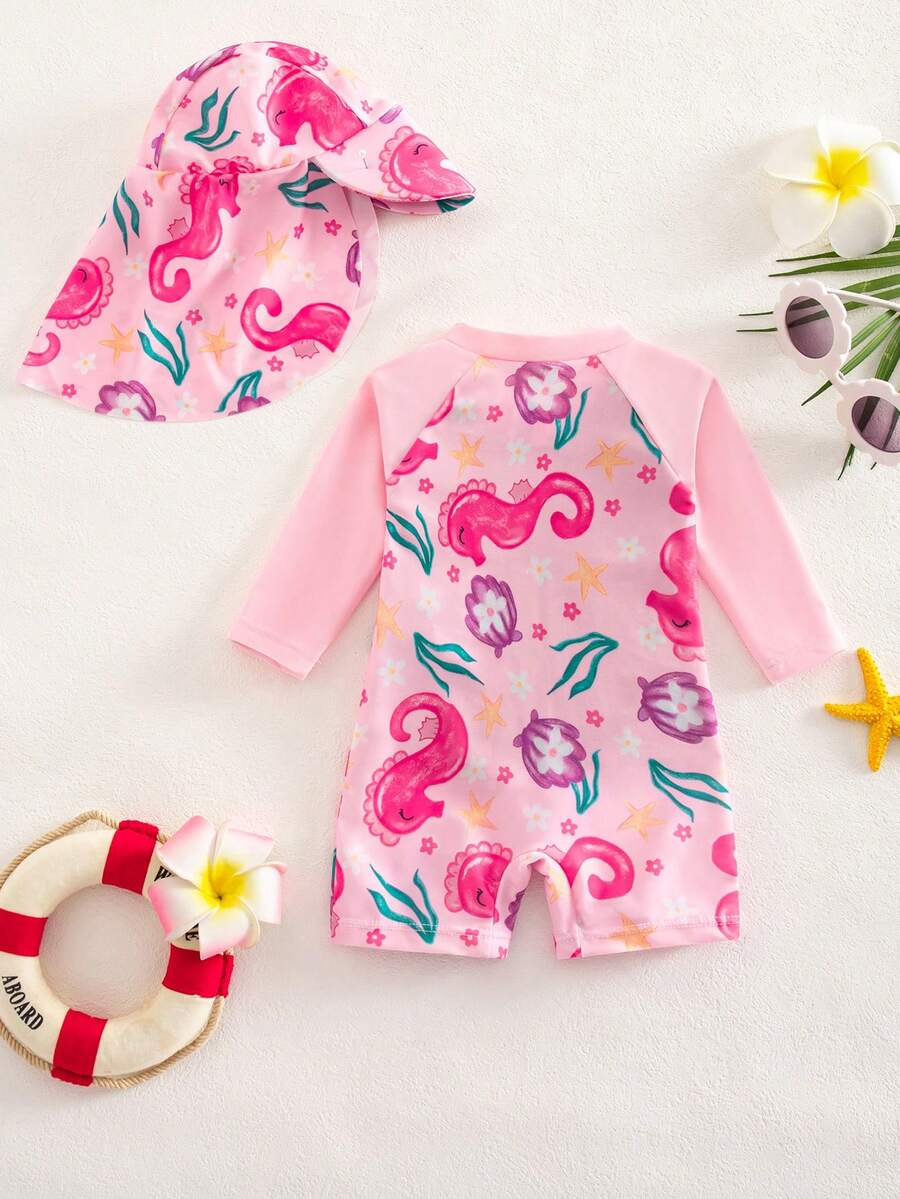 Baby Shark Print Long Sleeve One-Piece Swimsuit