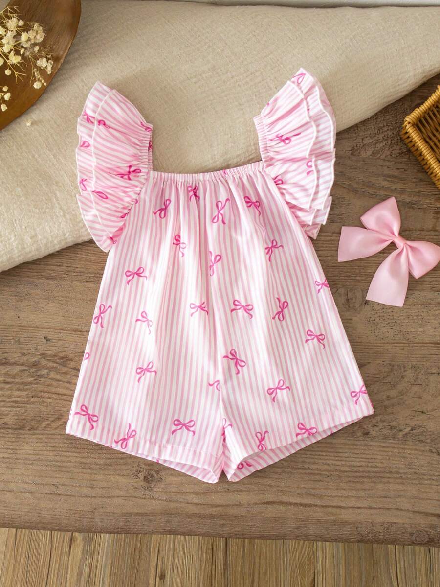 Baby Pink and White Striped Bow Romper for Cute Summer Daily Wear