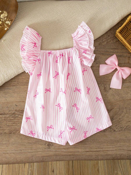 Baby Pink and White Striped Bow Romper for Cute Summer Daily Wear