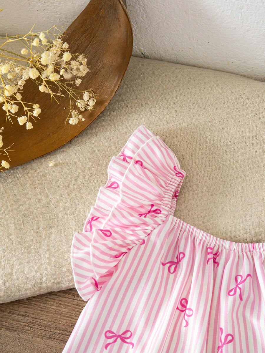 Baby Pink and White Striped Bow Romper for Cute Summer Daily Wear