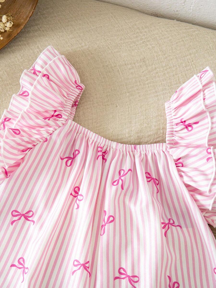 Baby Pink and White Striped Bow Romper for Cute Summer Daily Wear