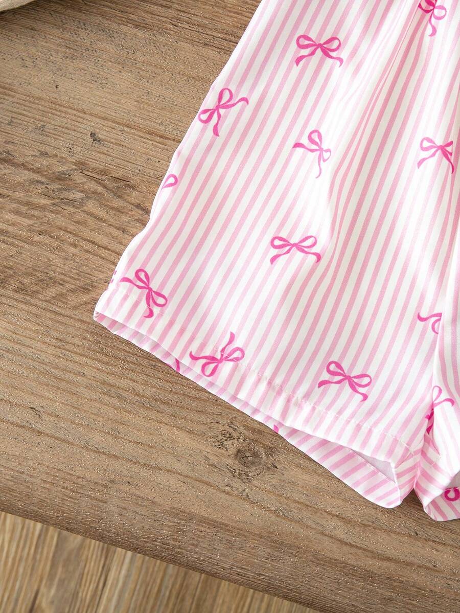 Baby Pink and White Striped Bow Romper for Cute Summer Daily Wear