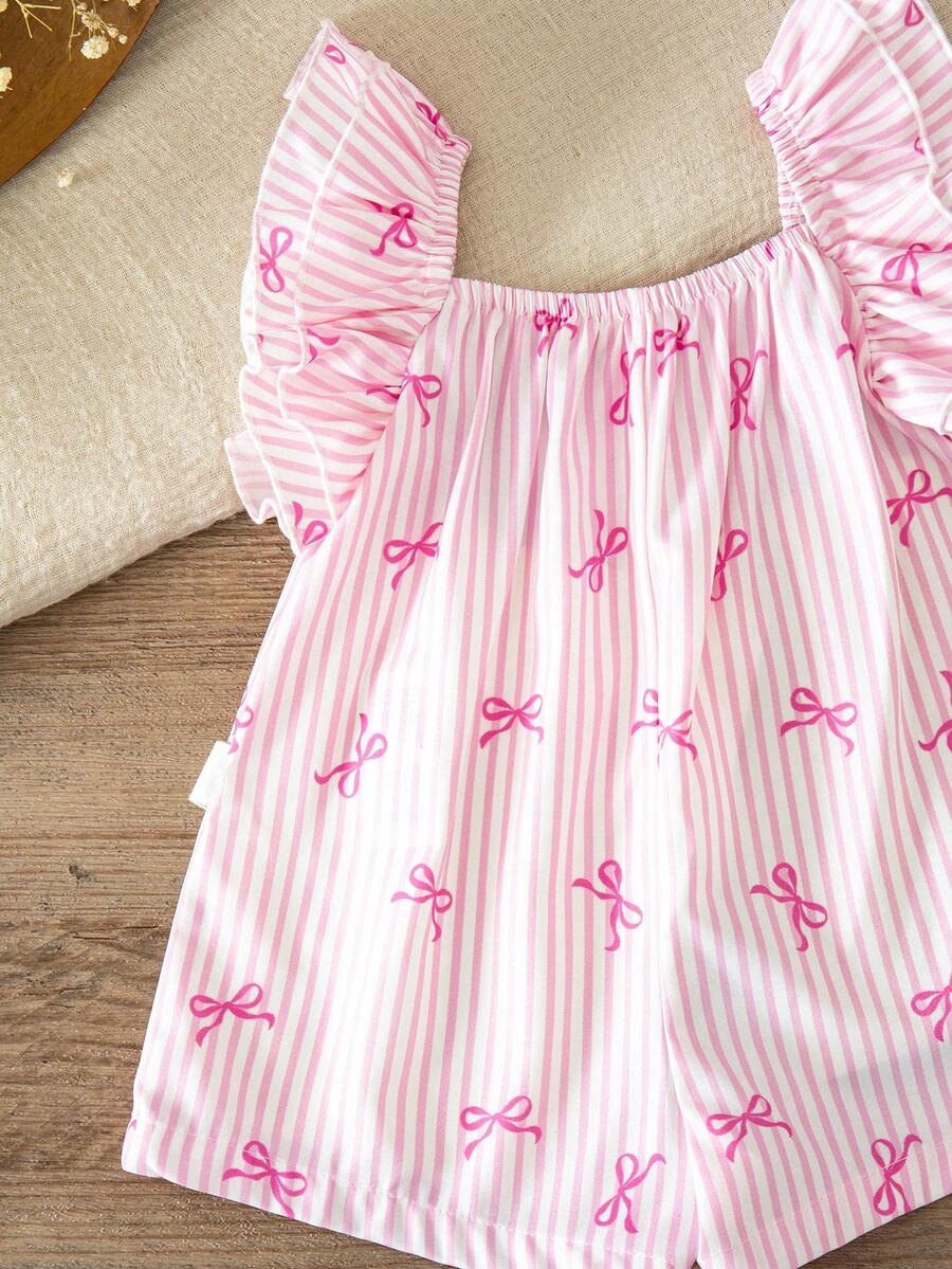 Baby Pink and White Striped Bow Romper for Cute Summer Daily Wear