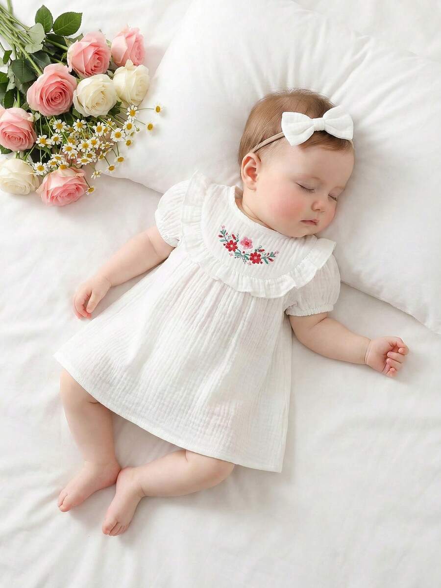 Baby Embroidered Puff Sleeve Dress for Cute Summer Outings and Photoshoots