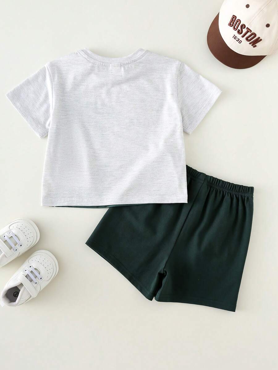 Baby Boy Animal Crayon Print T Shirt and Knitted Shorts 2 Piece Casual Spring Summer Outfit Set