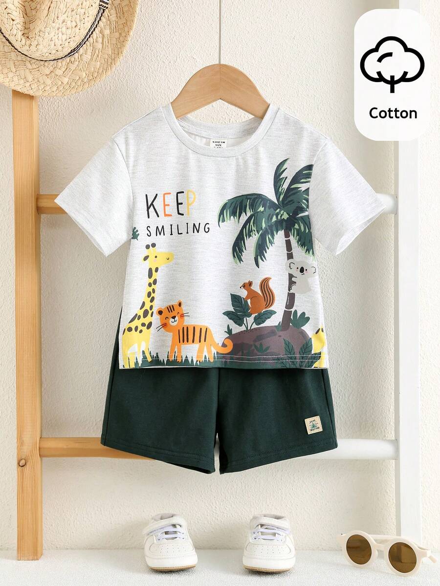 Baby Boy Animal Crayon Print T Shirt and Knitted Shorts 2 Piece Casual Spring Summer Outfit Set