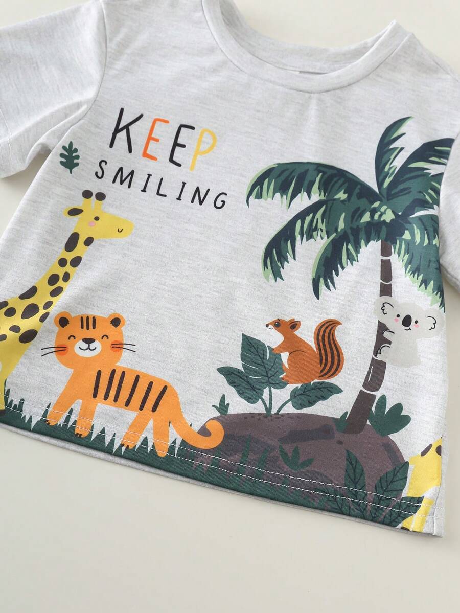 Baby Boy Animal Crayon Print T Shirt and Knitted Shorts 2 Piece Casual Spring Summer Outfit Set