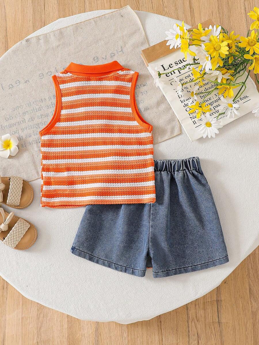 Toddler Girls Textured Knit Vest Top And Denim Skort Flower Embroidered Summer Outfit Set