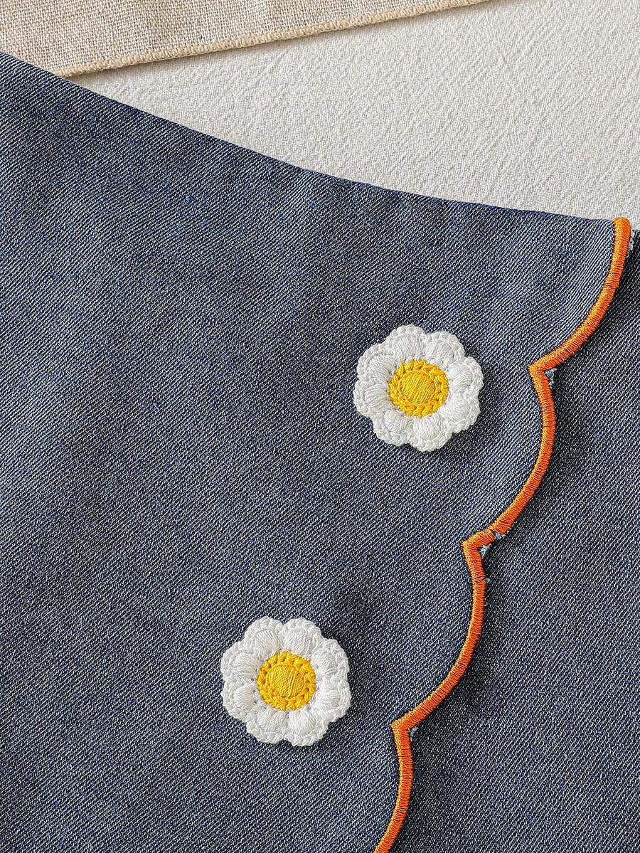 Toddler Girls Textured Knit Vest Top And Denim Skort Flower Embroidered Summer Outfit Set