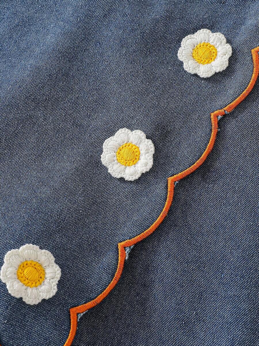 Toddler Girls Textured Knit Vest Top And Denim Skort Flower Embroidered Summer Outfit Set