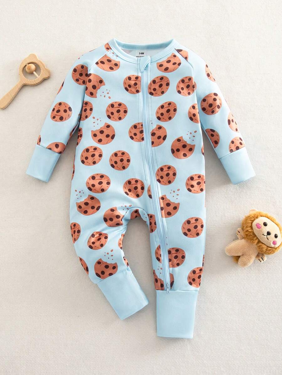 Baby Boy Cookie Print Zip Up Long Sleeve Jumpsuit Pajamas Soft One Piece Sleepwear