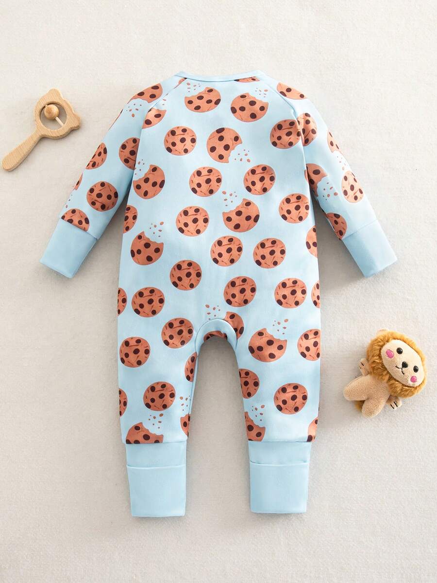 Baby Boy Cookie Print Zip Up Long Sleeve Jumpsuit Pajamas Soft One Piece Sleepwear
