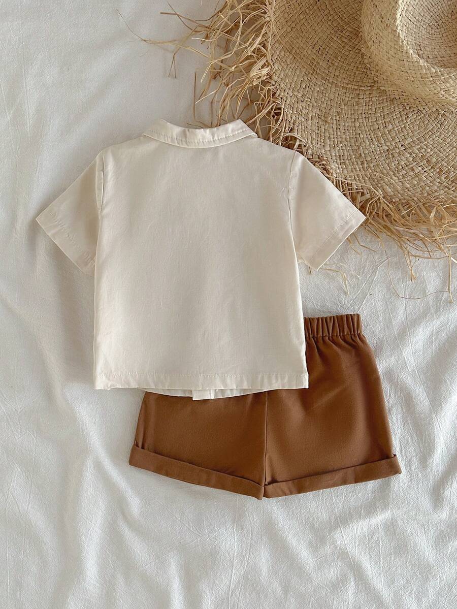 Baby Boy 2pcs Knit Jacquard Summer Set - Short Sleeve Shirt & Elastic Shorts