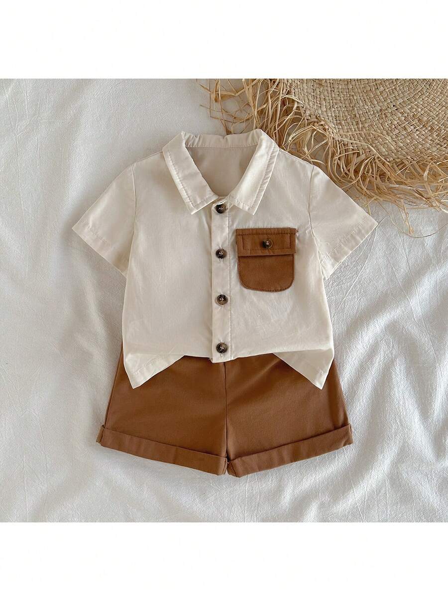 Baby Boy 2pcs Knit Jacquard Summer Set - Short Sleeve Shirt & Elastic Shorts