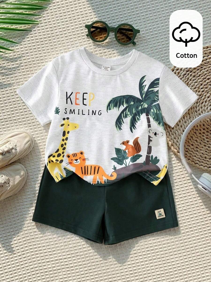 Baby Boy Animal Crayon Print T Shirt and Knitted Shorts 2 Piece Casual Spring Summer Outfit Set