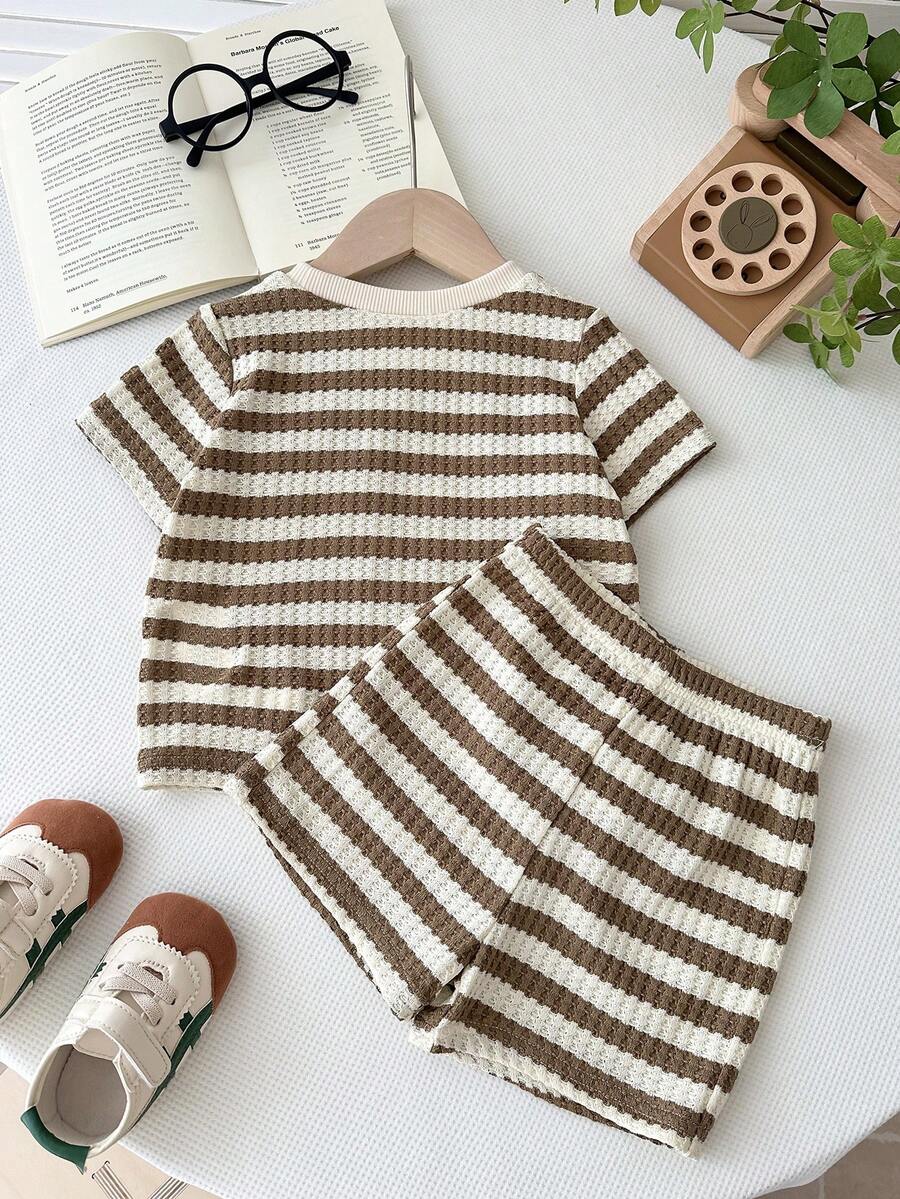 Baby Boy Black and White Striped T Shirt and Denim Shorts 2 Piece Casual Spring Summer Outfit Set