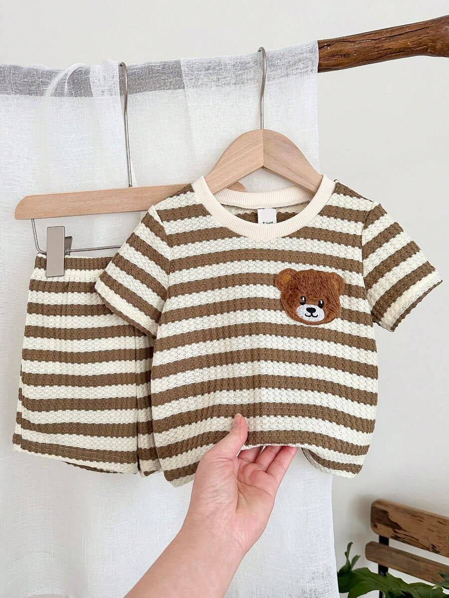 Baby Boy Black and White Striped T Shirt and Denim Shorts 2 Piece Casual Spring Summer Outfit Set