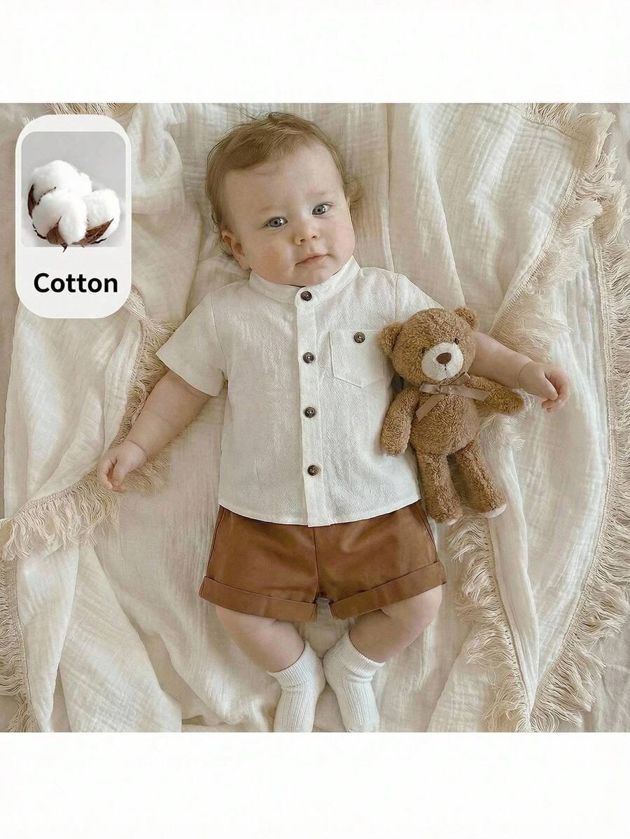 Striped Short Sleeve Shirt and Elastic Waist Shorts Set for Cute Summer Daily Wear