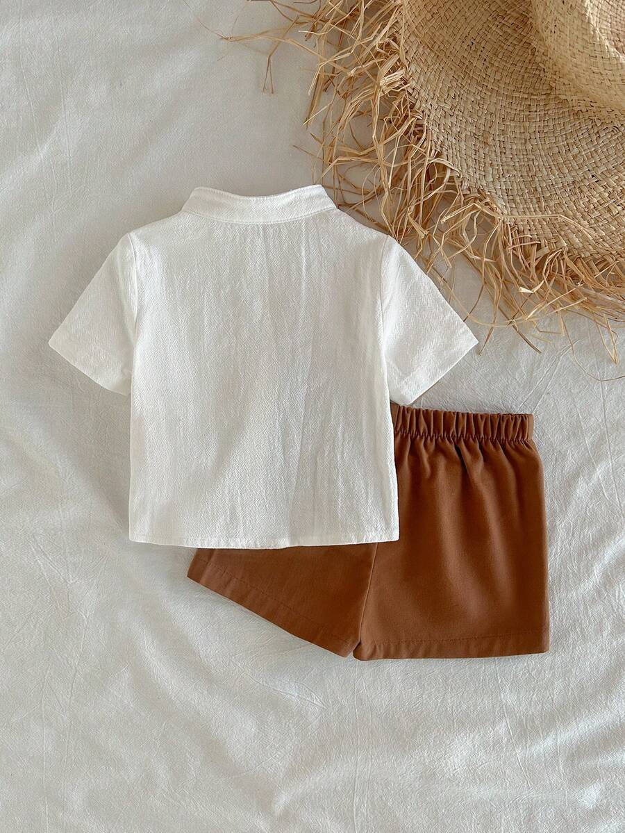 Striped Short Sleeve Shirt and Elastic Waist Shorts Set for Cute Summer Daily Wear