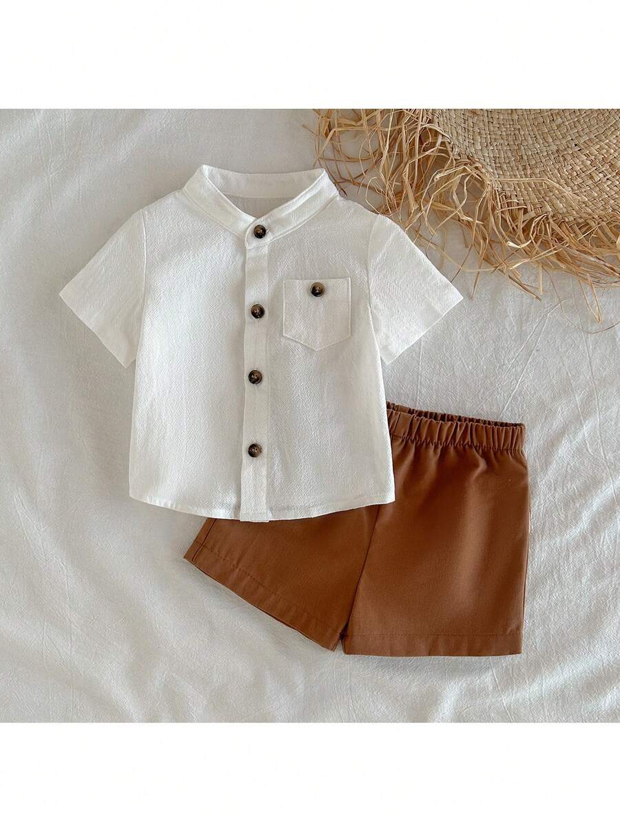 Striped Short Sleeve Shirt and Elastic Waist Shorts Set for Cute Summer Daily Wear