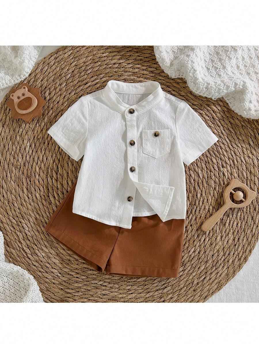 Striped Short Sleeve Shirt and Elastic Waist Shorts Set for Cute Summer Daily Wear
