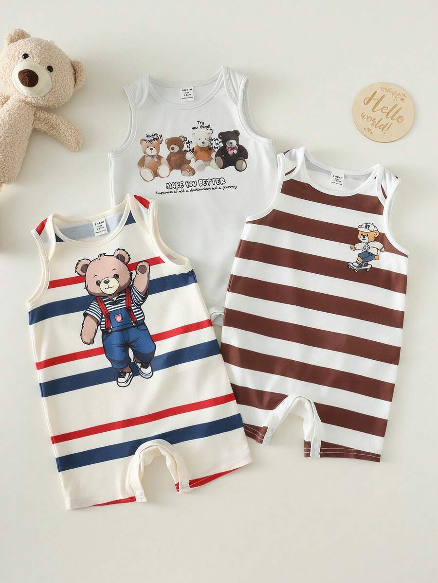 Unisex Newborn Baby Cartoon and Stripe Print Romper 3 Piece Summer Outfit Set