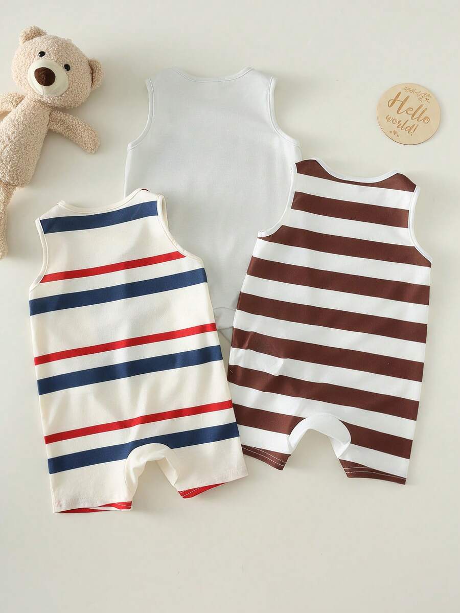 Unisex Newborn Baby Cartoon and Stripe Print Romper 3 Piece Summer Outfit Set