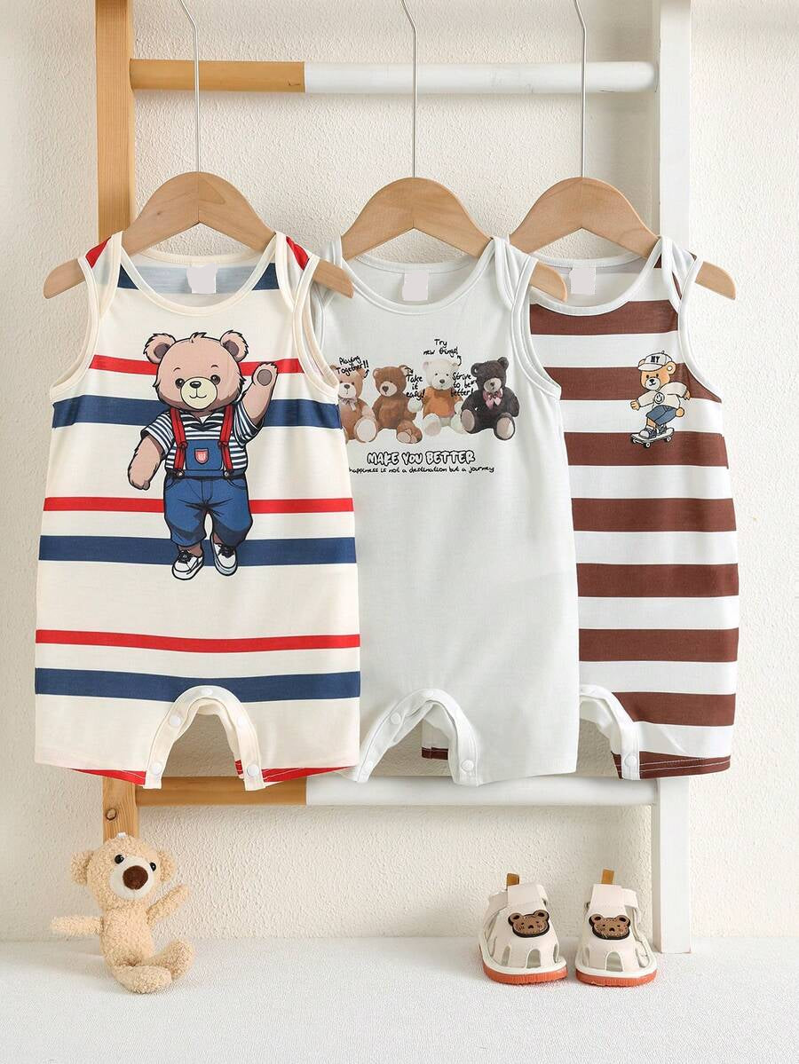 Unisex Newborn Baby Cartoon and Stripe Print Romper 3 Piece Summer Outfit Set