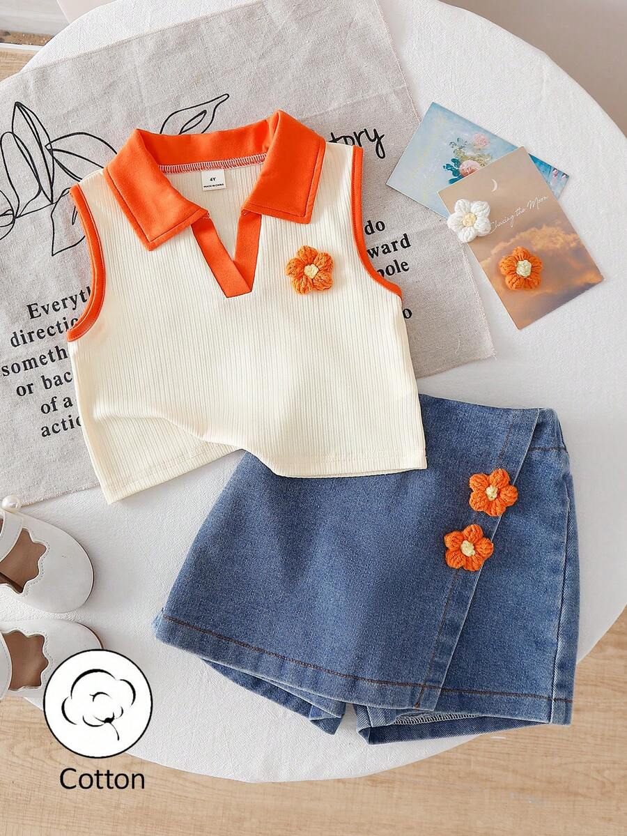 Toddler Girls Textured Knit Vest Top And Denim Skort Flower Embroidered Summer Outfit Set