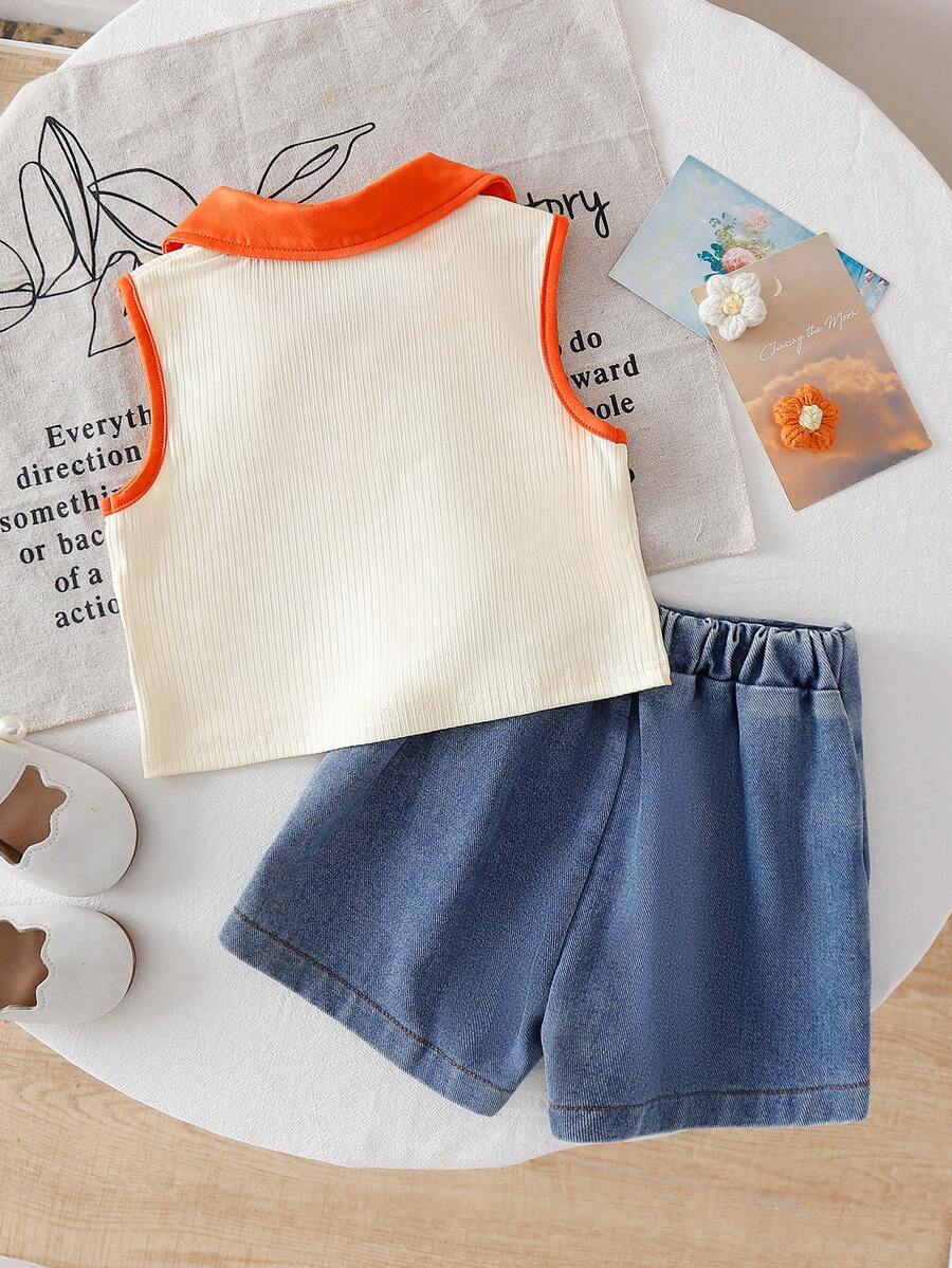 Toddler Girls Textured Knit Vest Top And Denim Skort Flower Embroidered Summer Outfit Set