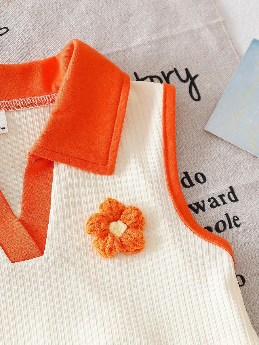 Toddler Girls Textured Knit Vest Top And Denim Skort Flower Embroidered Summer Outfit Set