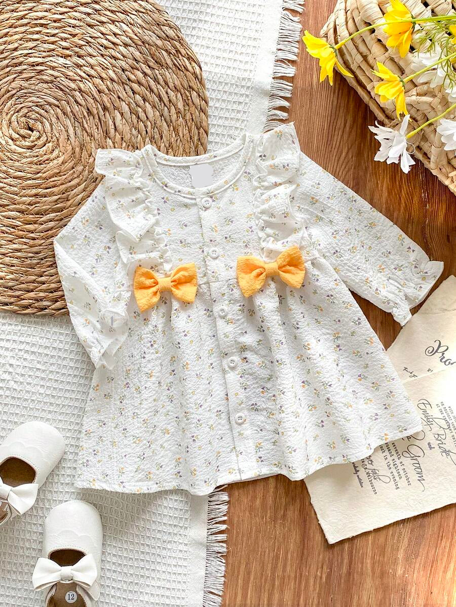 Baby Cherry Print Bow Dress for Elegant Cute All Season Wear