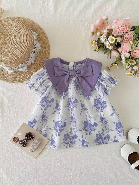 Baby Girl Floral Color Dress - Cute Lilac Summer Bow Dress for Newborns, Perfect Gift for Baby Girls