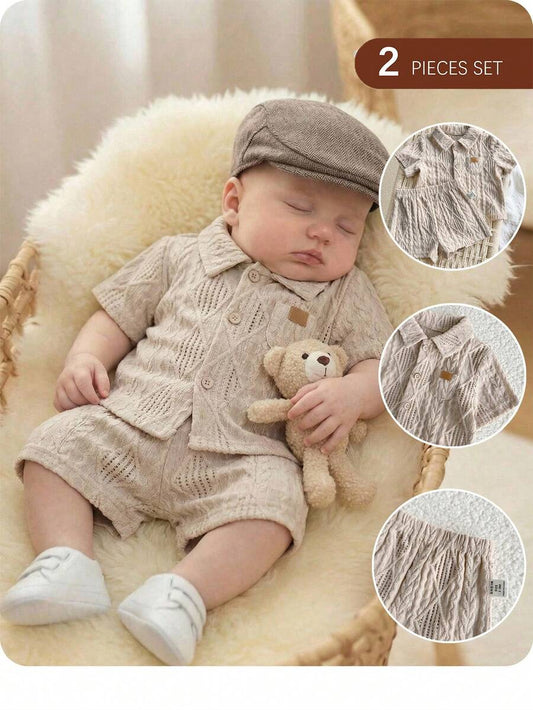 Baby Boy 2pcs Knit Jacquard Summer Set - Short Sleeve Shirt & Elastic Shorts