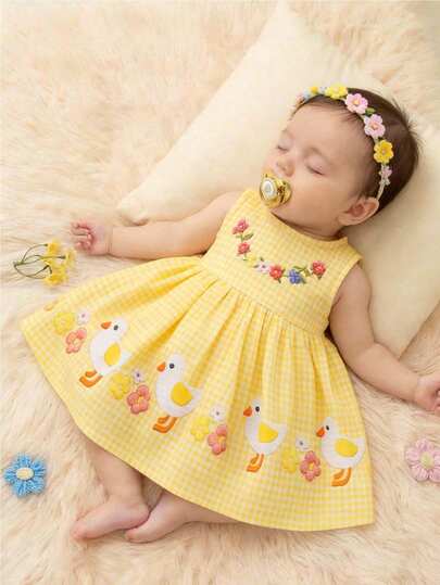 Baby Yellow Plaid Duck Print Dress for Cute Summer Daily Wear and Celebrations