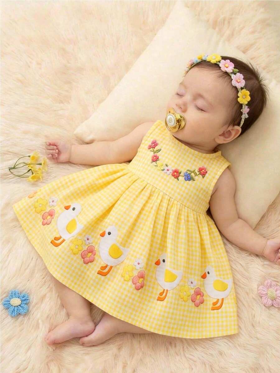Baby Yellow Plaid Duck Print Dress for Cute Summer Daily Wear and Celebrations