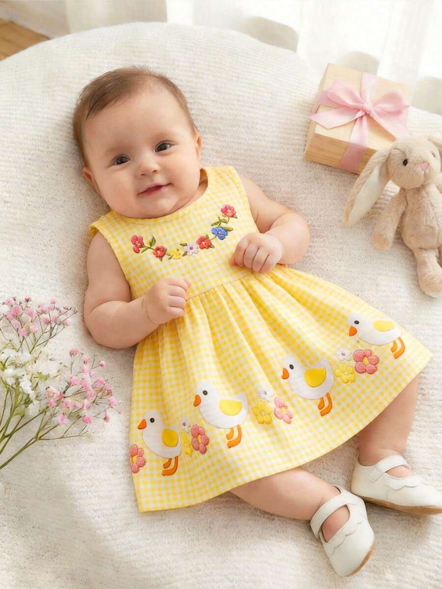 Baby Yellow Plaid Duck Print Dress for Cute Summer Daily Wear and Celebrations