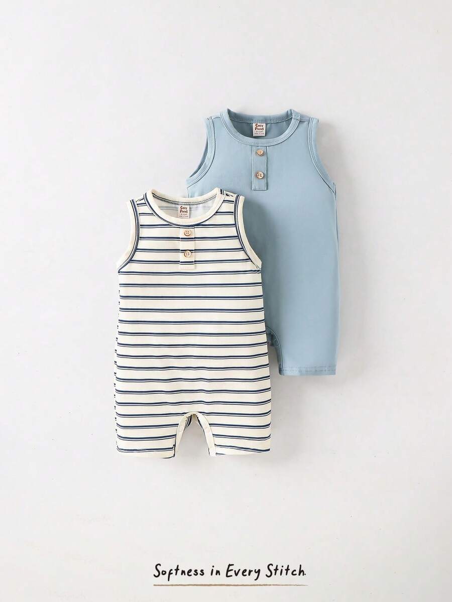 Cartoon Pattern and Solid Color Sleeveless Romper and Shorts 2-Piece Set for Baby Boys
