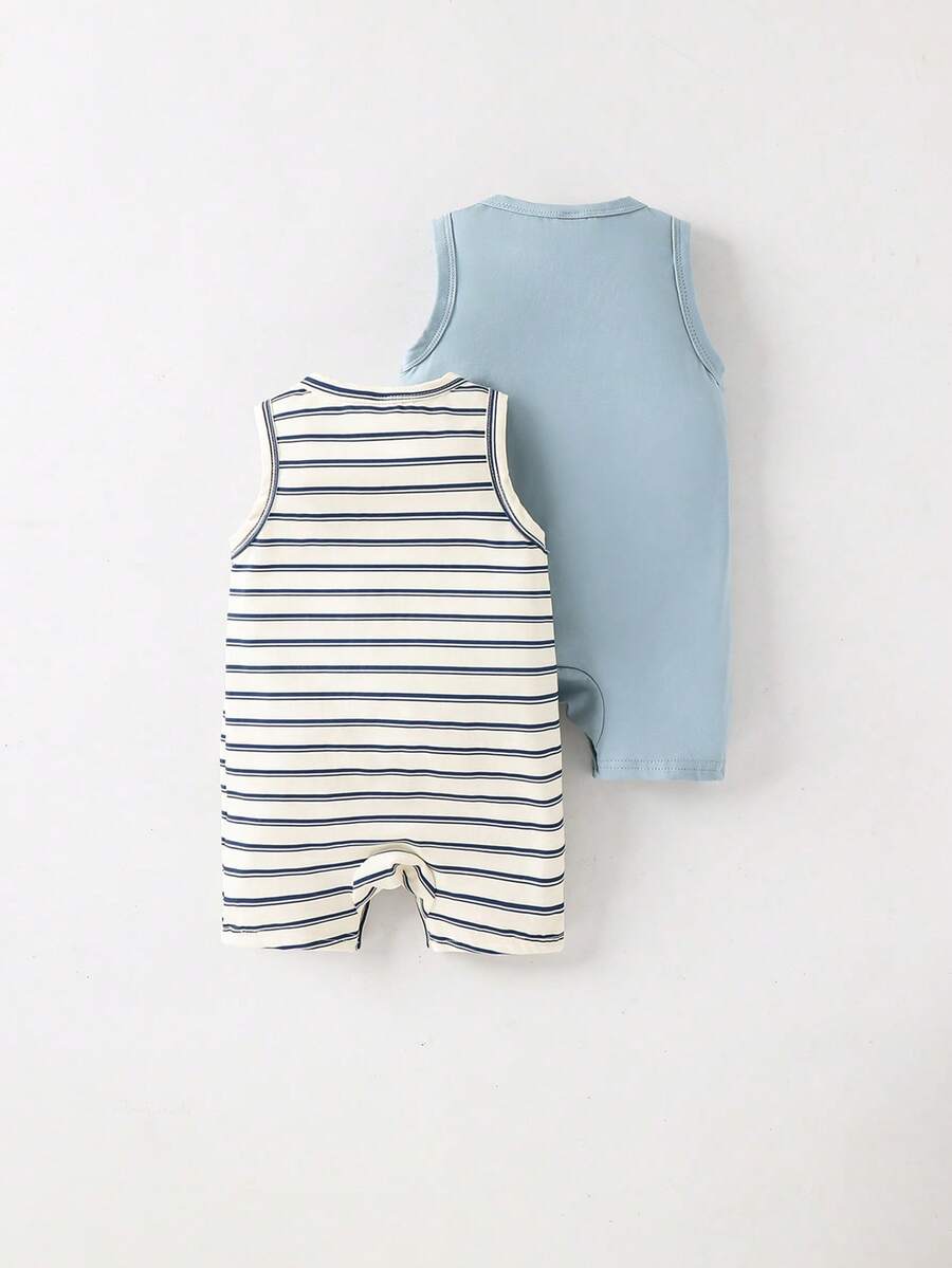 Cartoon Pattern and Solid Color Sleeveless Romper and Shorts 2-Piece Set for Baby Boys