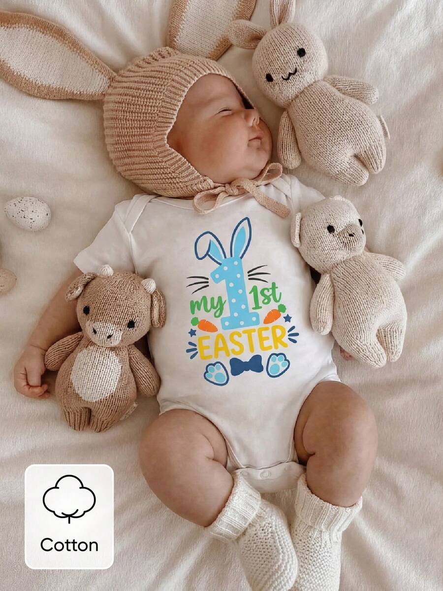 Unisex Newborn Baby Letter Slogan Short Sleeve Bodysuit Neutral White Everyday Outfit