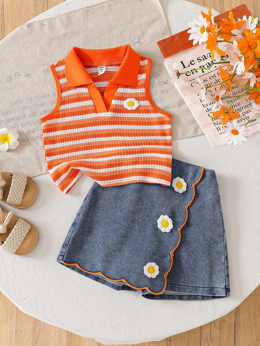 Toddler Girls Textured Knit Vest Top And Denim Skort Flower Embroidered Summer Outfit Set