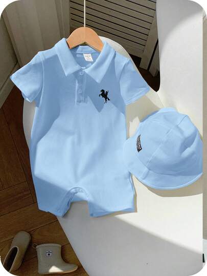 Newborn Baby Boy Girl Horse Print Polo Romper & Sun Hat 2 Piece Outfit Set for Spring Summer