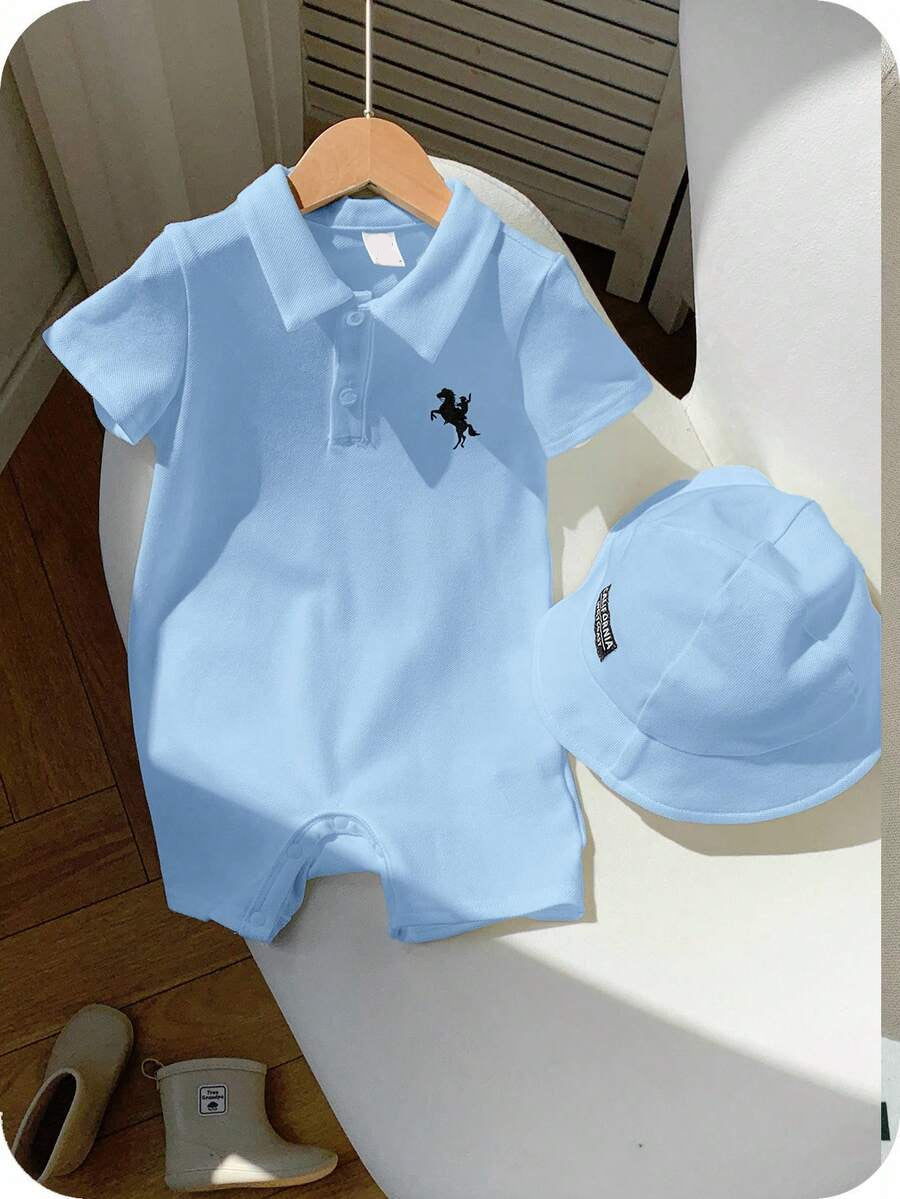 Newborn Baby Boy Girl Horse Print Polo Romper & Sun Hat 2 Piece Outfit Set for Spring Summer