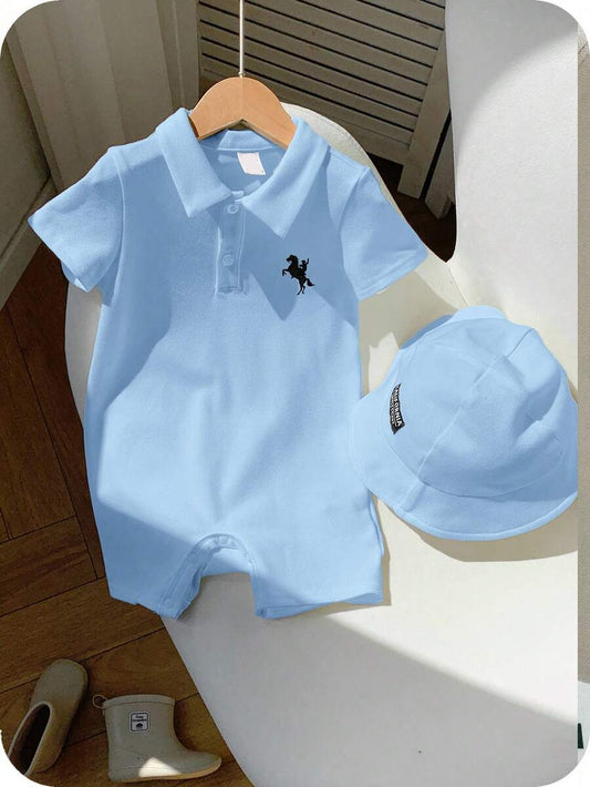 Newborn Baby Boy Girl Horse Print Polo Romper & Sun Hat 2 Piece Outfit Set for Spring Summer
