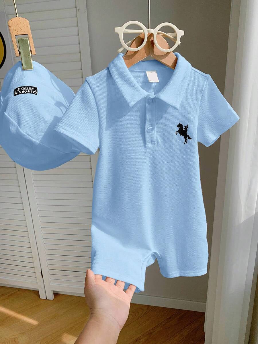 Newborn Baby Boy Girl Horse Print Polo Romper & Sun Hat 2 Piece Outfit Set for Spring Summer