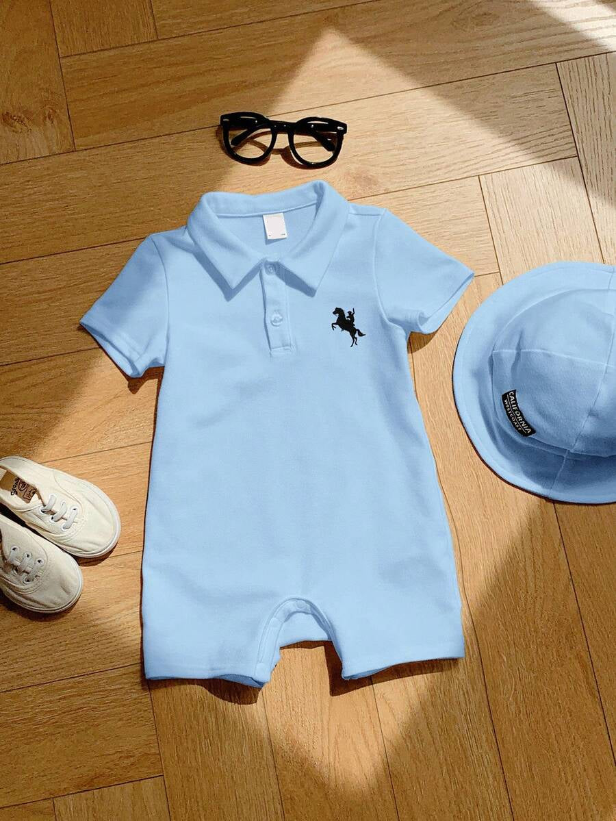 Newborn Baby Boy Girl Horse Print Polo Romper & Sun Hat 2 Piece Outfit Set for Spring Summer