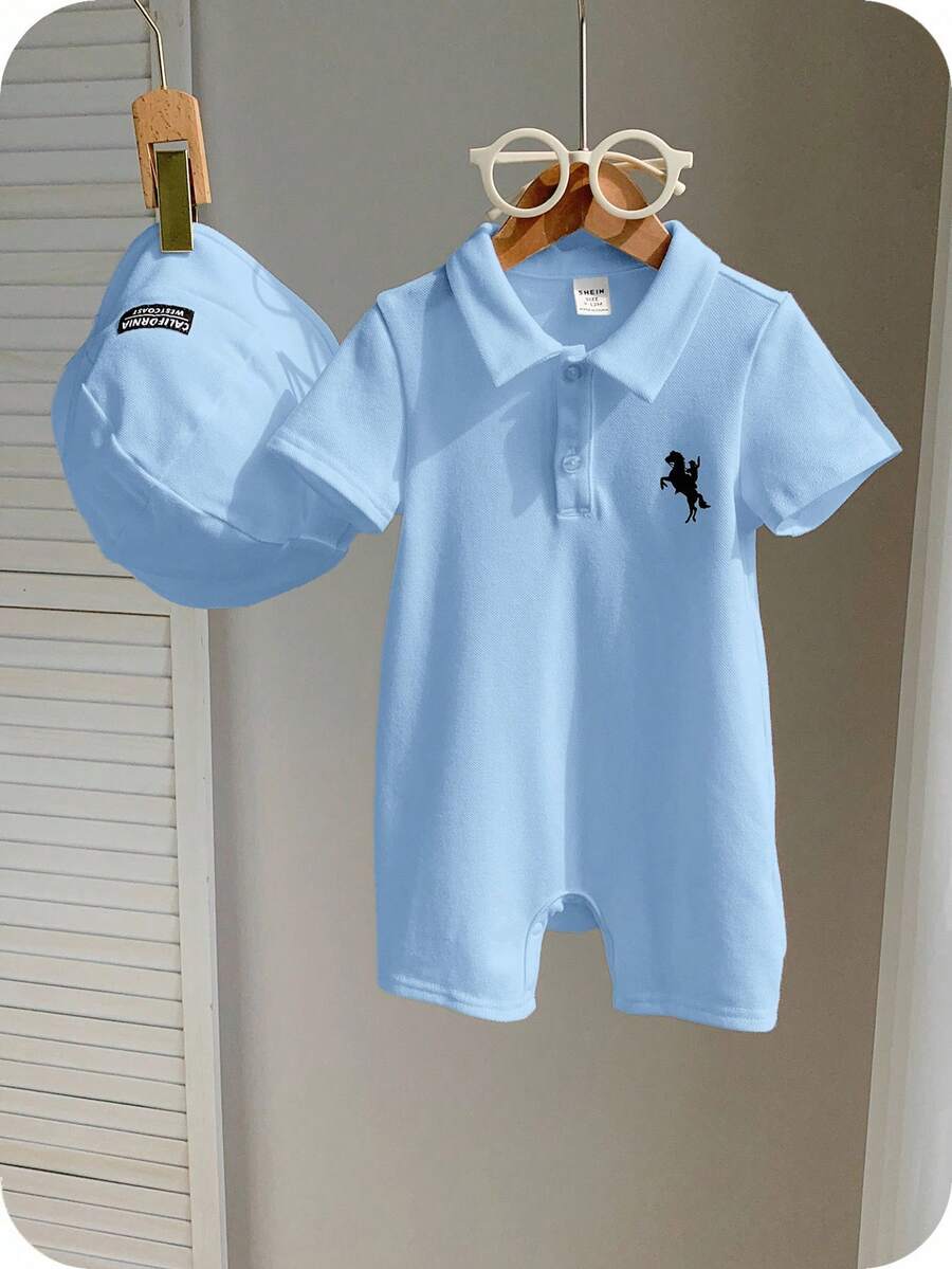 Newborn Baby Boy Girl Horse Print Polo Romper & Sun Hat 2 Piece Outfit Set for Spring Summer